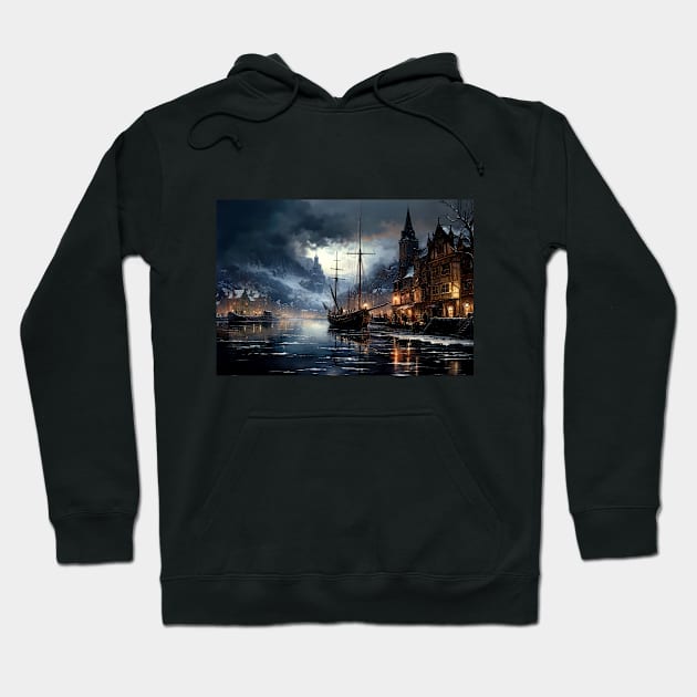 Oil Painting of a Fishing Village Along a River in Winter Hoodie by jecphotography